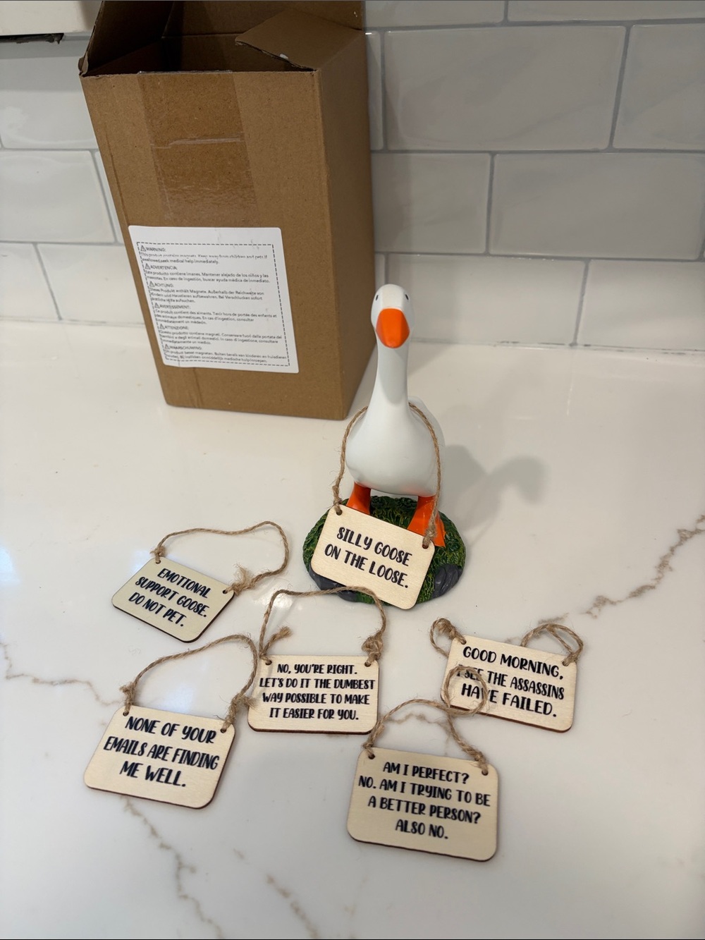 Decorative Silly Goose Figurine with Interchangeable Quote Tags - White & Orange